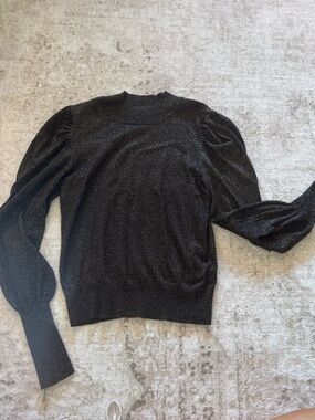 Evereve Black Metallic Knit Puff-Sleeve Sweater